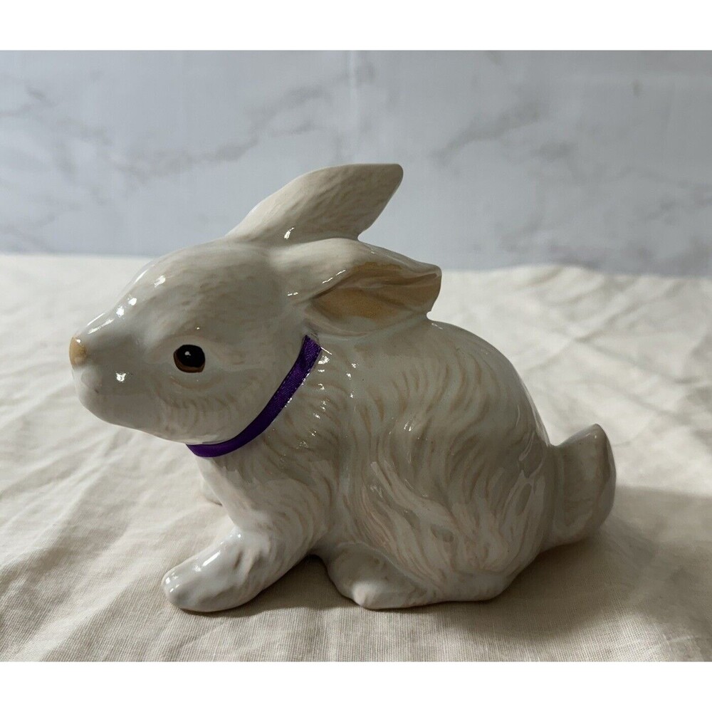 Vintage Ceramic‎ Easter Bunny Rabbit with Purple Ribbon around neck. With Mark ?